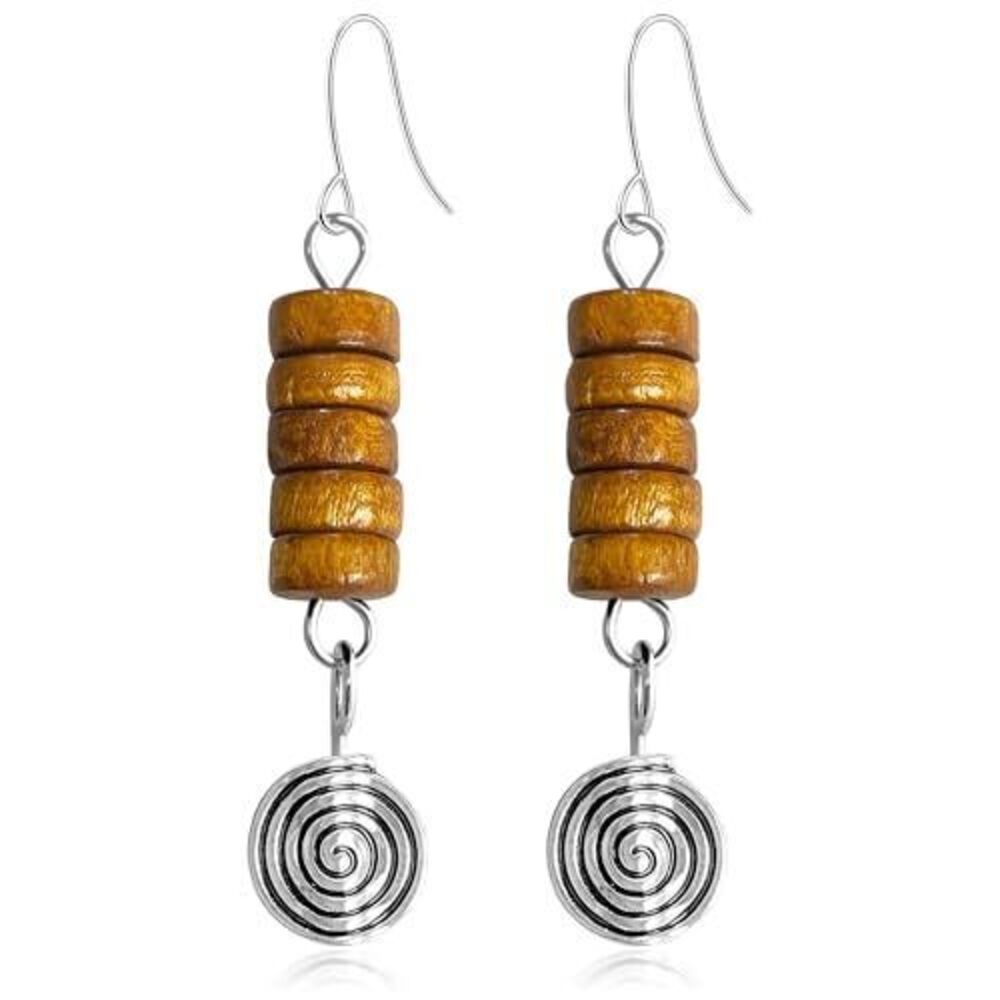 3625 Bohemian Vintage Silver Spiral Disc Dangle Drop Earrings Handmade